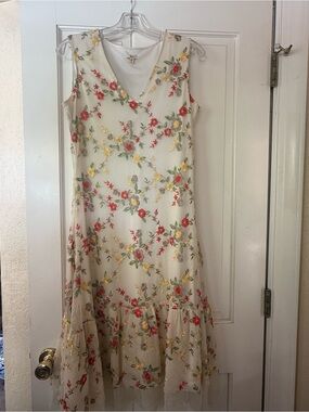 Reba Cream Midi Dress with Red Floral & Gold Embroidered Accents